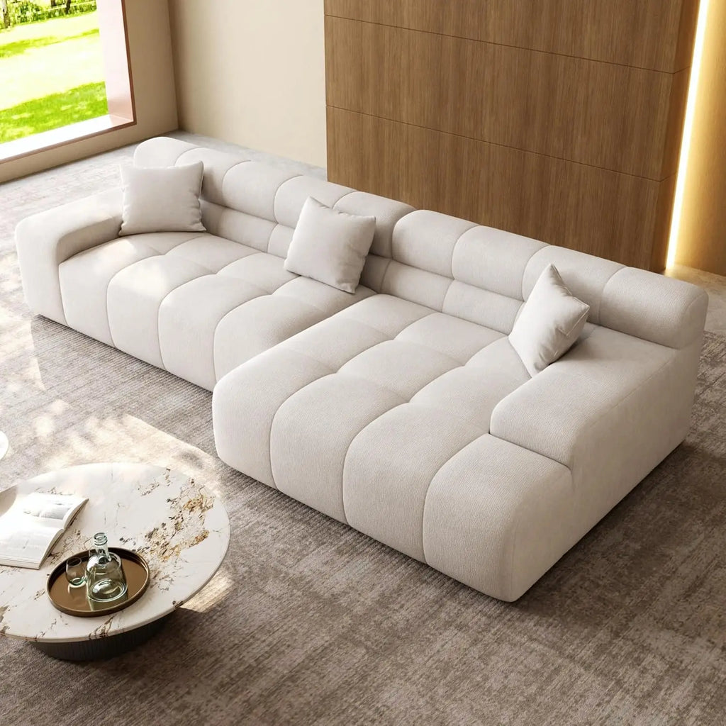 120" Tufted L-Shape Sectional Sofa Deep Seat Oversized Chaise, White