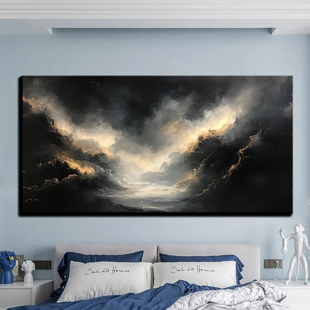 Abstract black gold oil painting, interior painting, 1.5IN thick pine frame