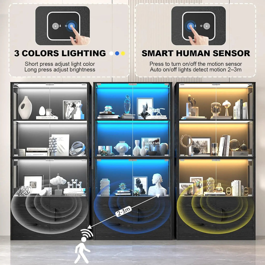 Display Glass Doors, 4-Tier Display 3-Color Lights, Human Body Sensor