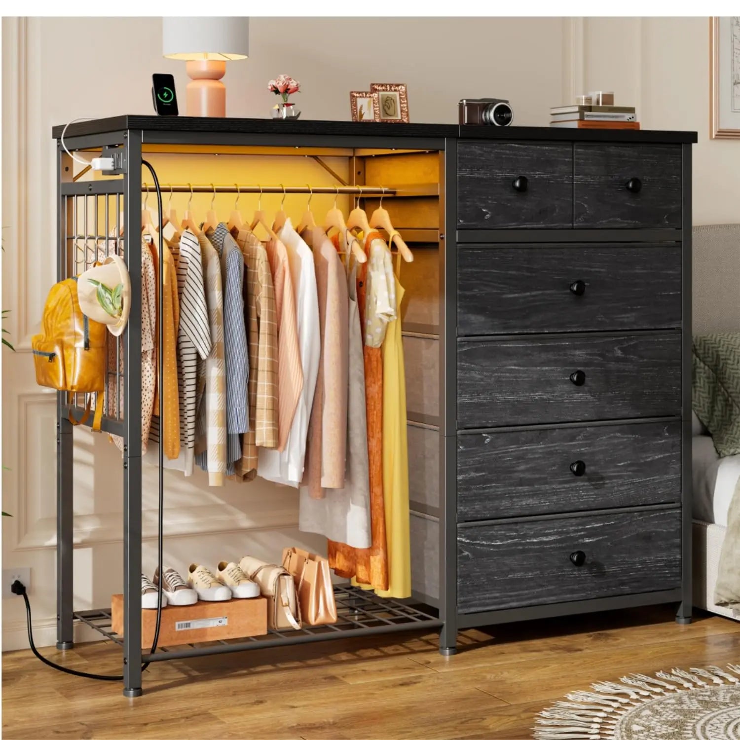49.2" Dresser w/Hanging Rack, 6 Drawers, LED Lights , Charging Station, Fabric Dressers