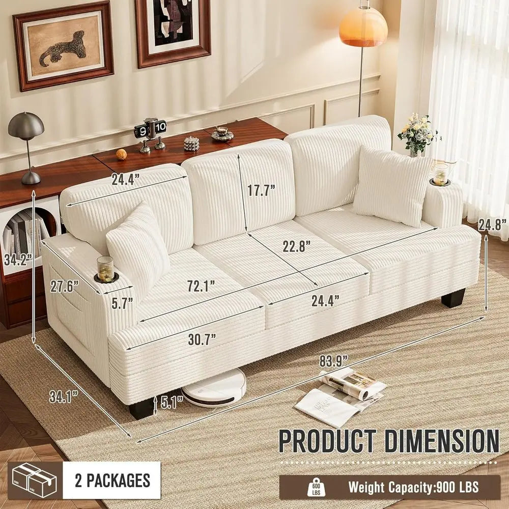 83-inch 3-Seater Couch Cup Holders, Comfortable Pillows, Side Storage