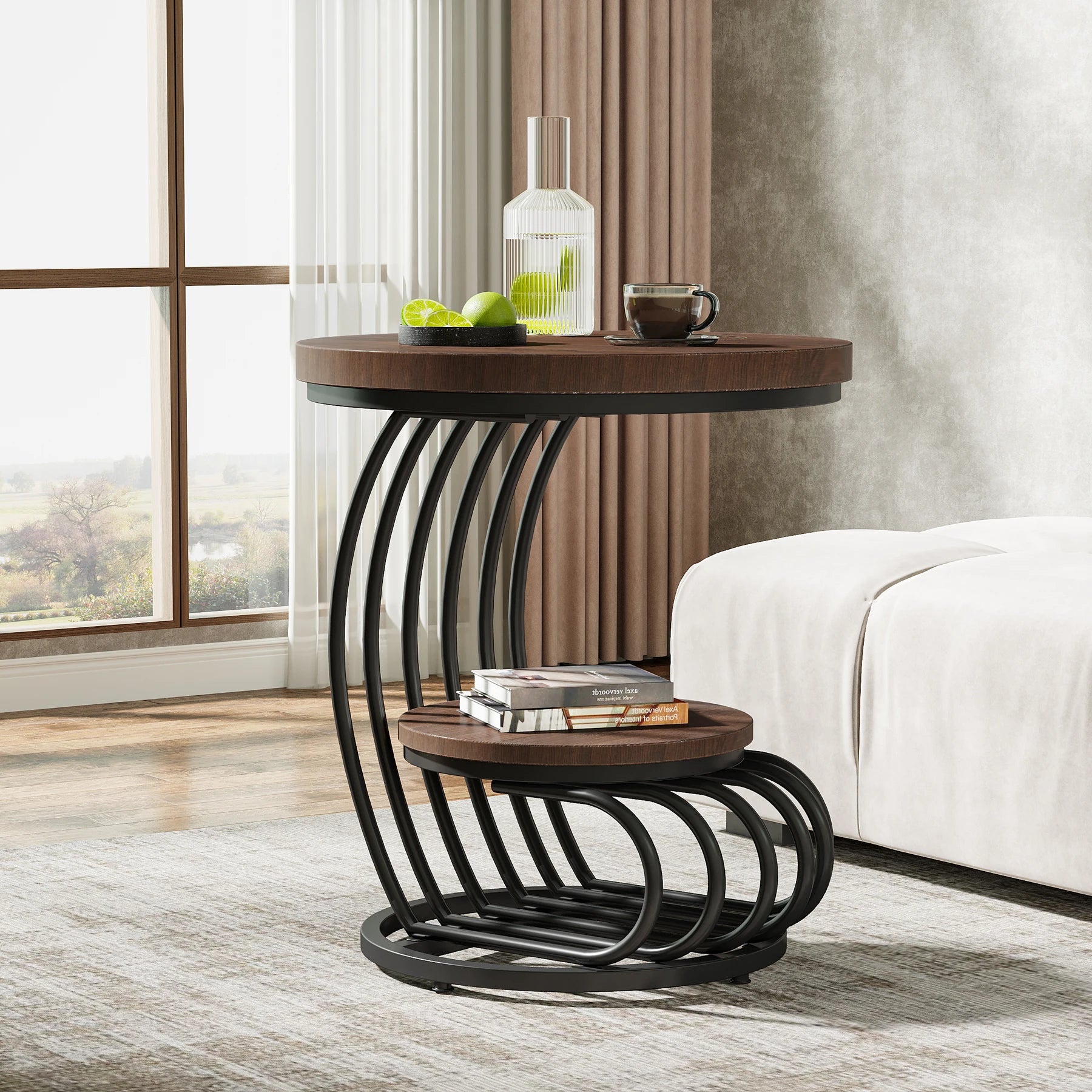 Gold Round End Table 2-Tier, Faux Marble, Storage Shelf