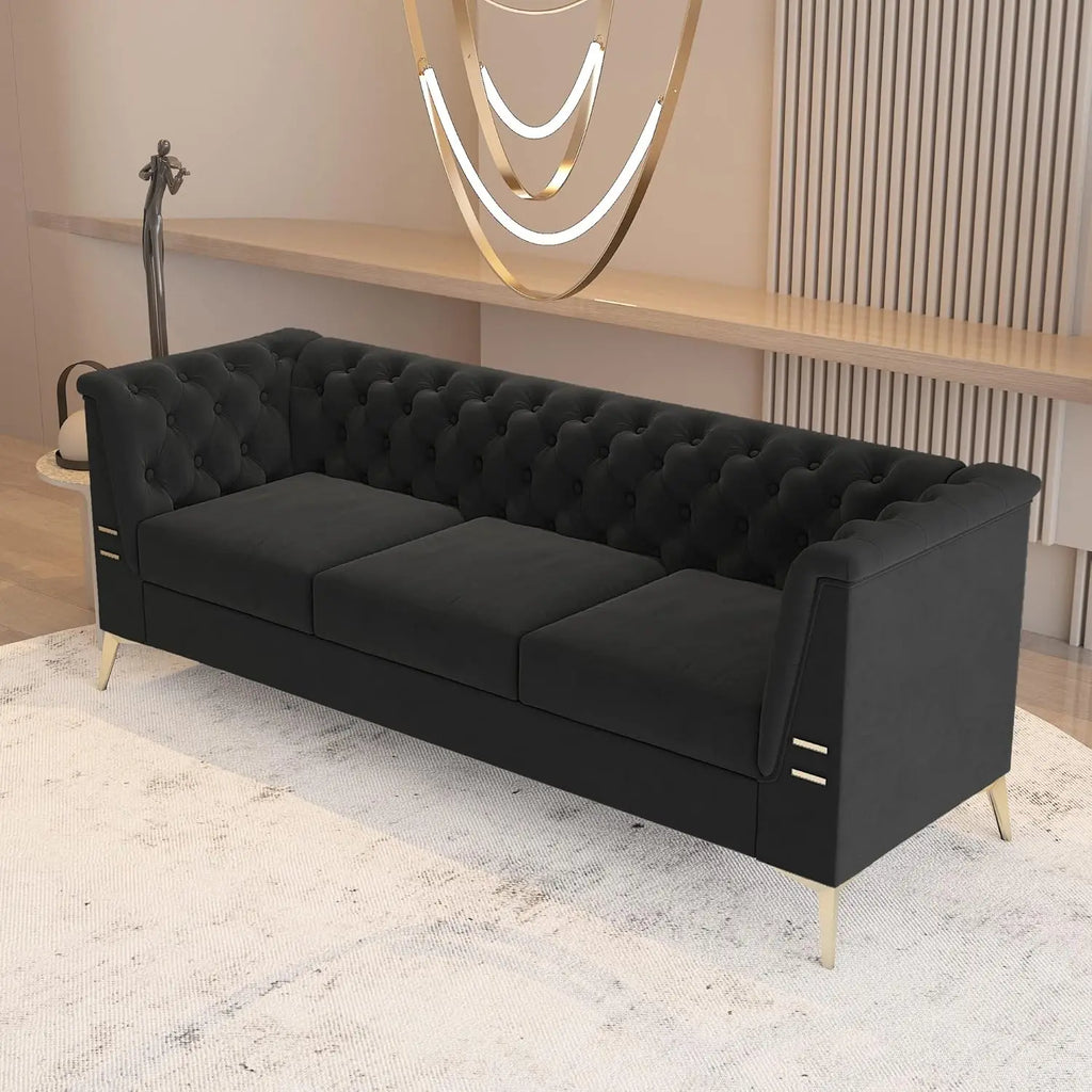 Velvet Chesterfield, Black 82" Sofa, Gold Metal Legs