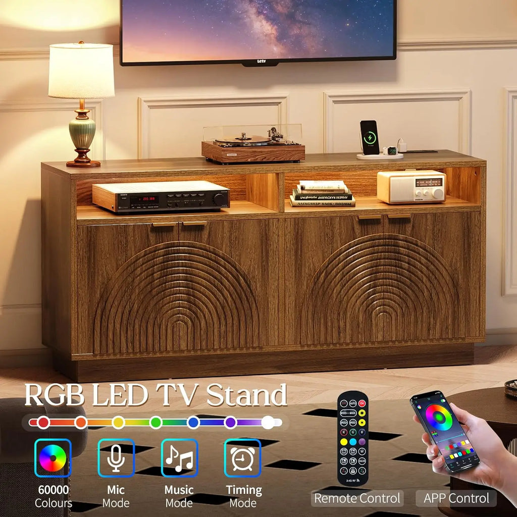58" Fluted TV Stand, Power Outlet -  Entertainment Center with Storage
