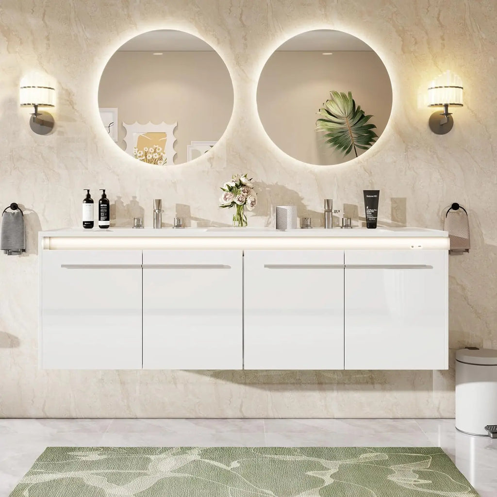 60" Floating LED Double Vanity/Cabinet-Soft Close, 3-Hole Sink,