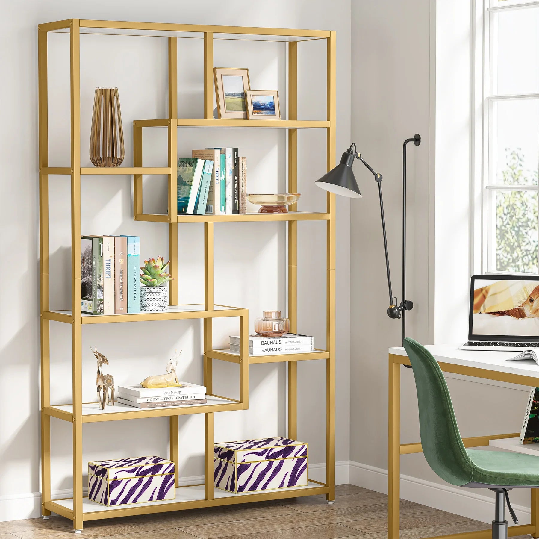 8-Open Gold Shelf Etagere Bookcase with Faux Marble