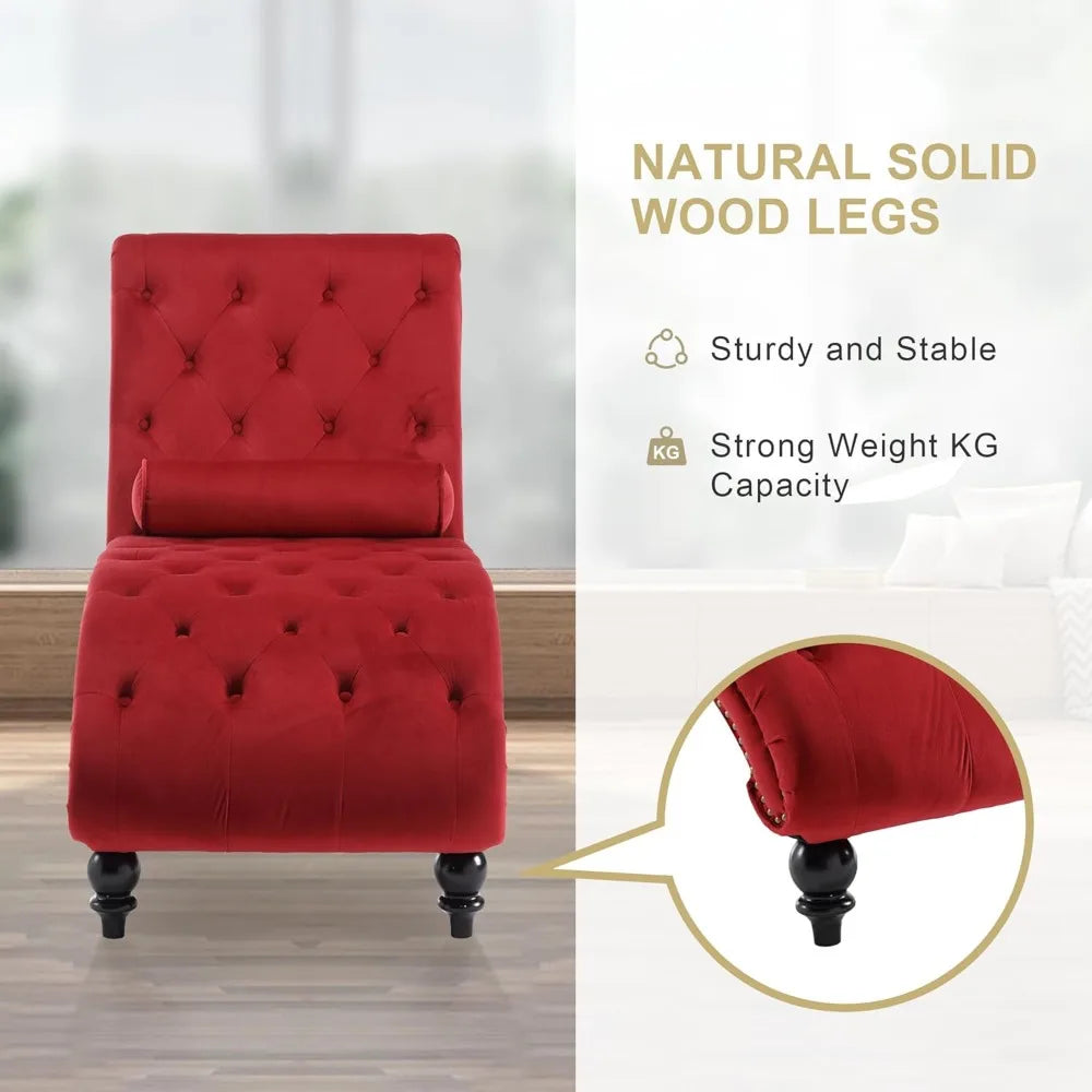 Velvet Upholstered Chaise Lounge with Pillow, Tufted Armless Recliner, Red