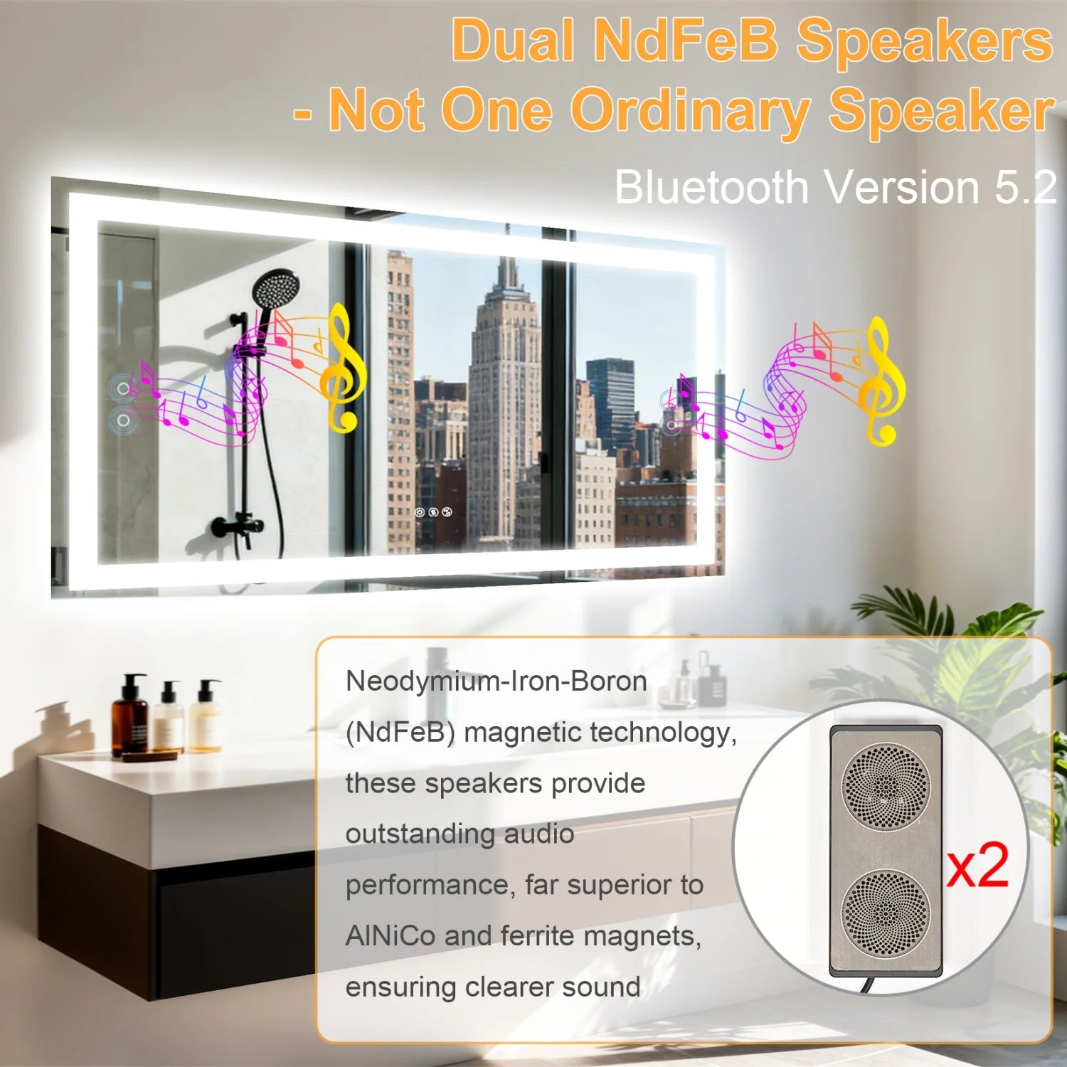 50/60/120cm Mirror LED Dimmable Backlit Built-in Bluetooth Speaker Waterproof Anti-Fog