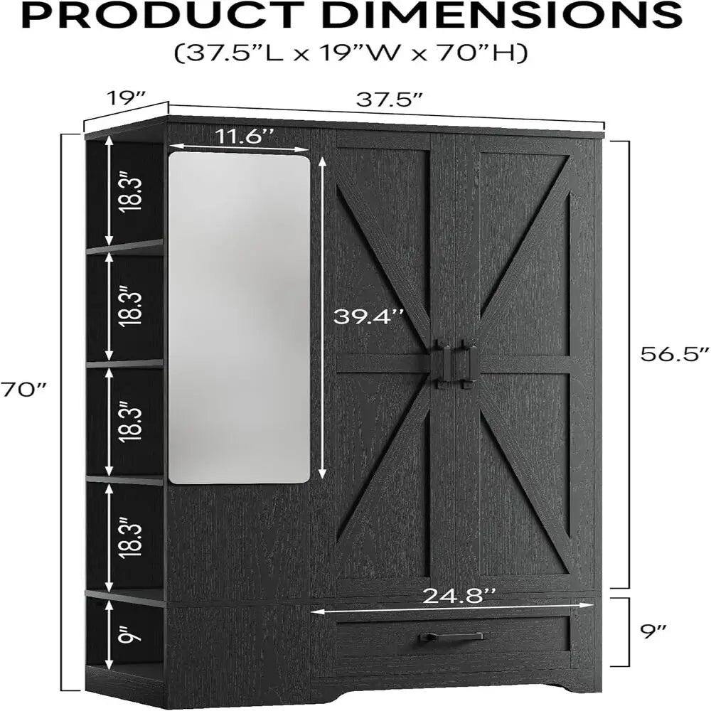 70" Armoire Wardrobe Hanging Rail 2-Door, Drawer, Shelves, Mirror