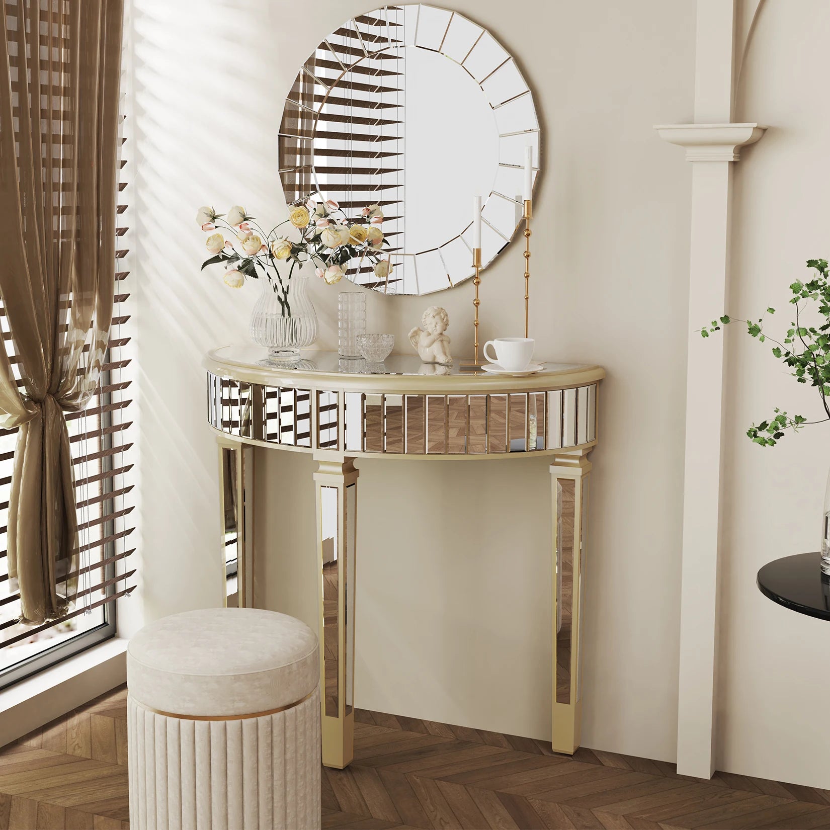 Ornate Mirrored Half Moon Console Table