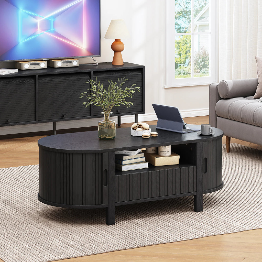 Oval Coffee Table, 47 Inch Fluted with Cabinets & Sliding Doors, Storage