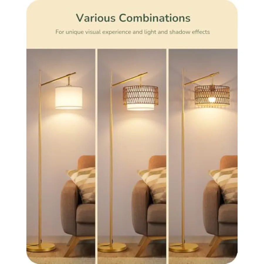 Rattan Arc Floor Lamp, Remote, Fabric Dual Shades, Dimmable LED B