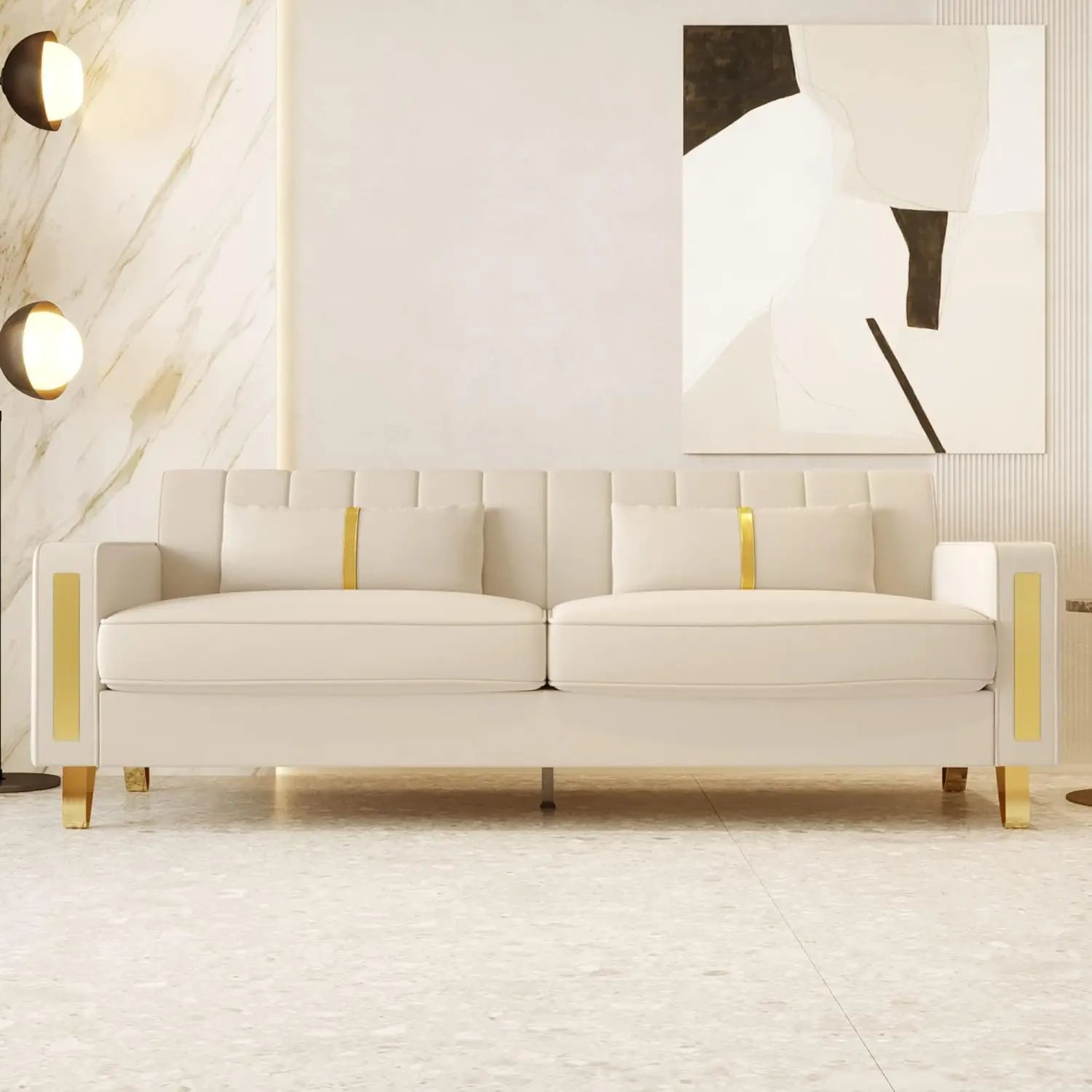 Velvet Chesterfield, Black 82" Sofa, Gold Metal Legs