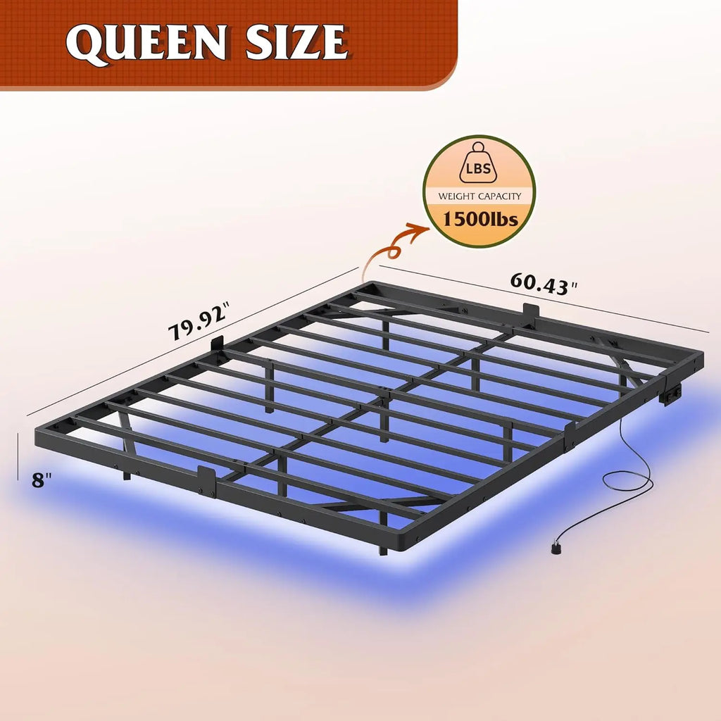 Floating Queen Bed Frame, 1500Lbs Heavy Duty Metal Platform LED Light Charging Station, No Box Spring