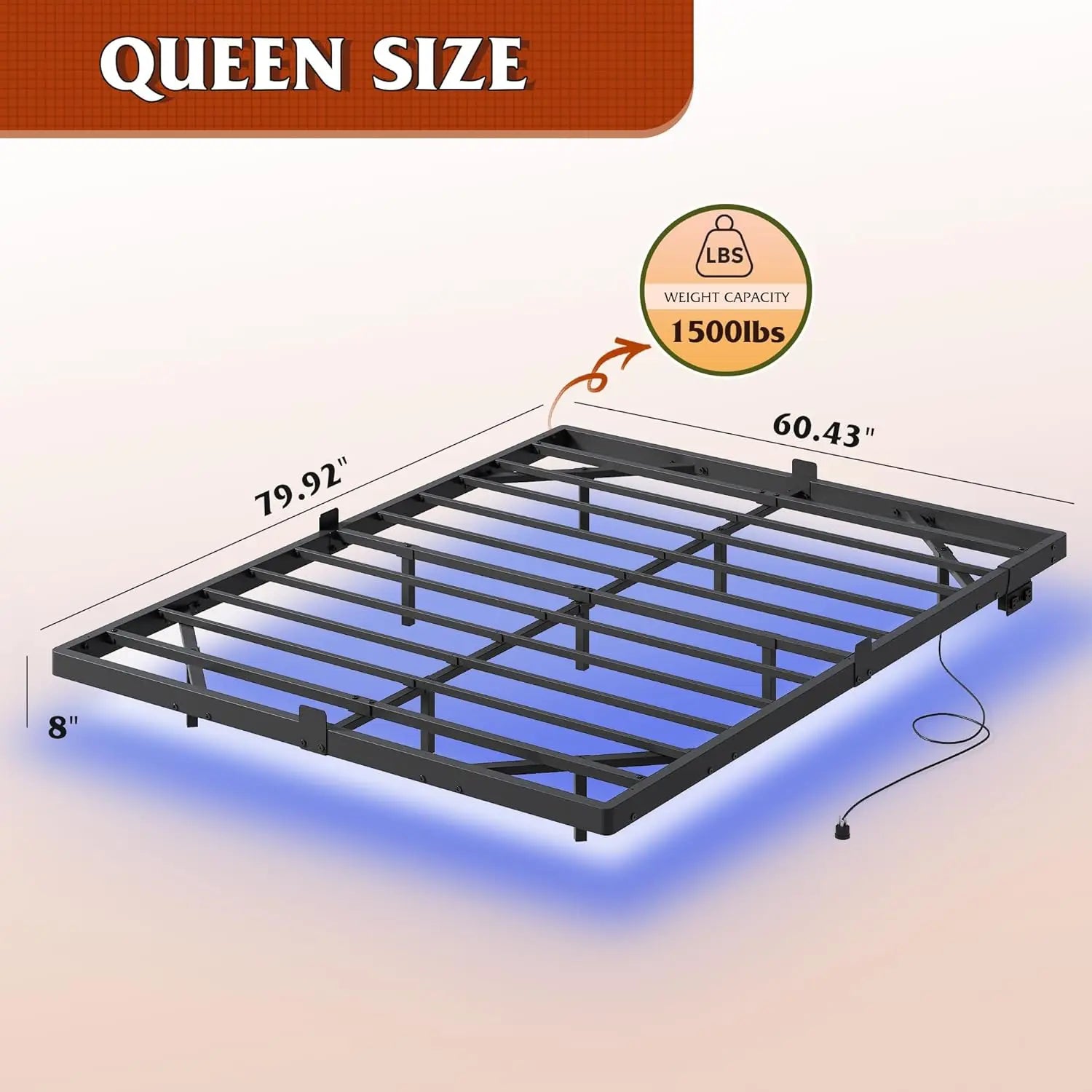 Floating Queen Bed Frame, 1500Lbs Heavy Duty Metal Platform LED Light Charging Station, No Box Spring