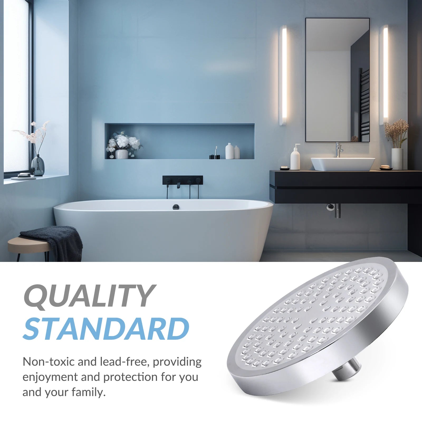 High Pressure Rain Showerhead, 360deg Rotation Stainless 6" Wall Mounted