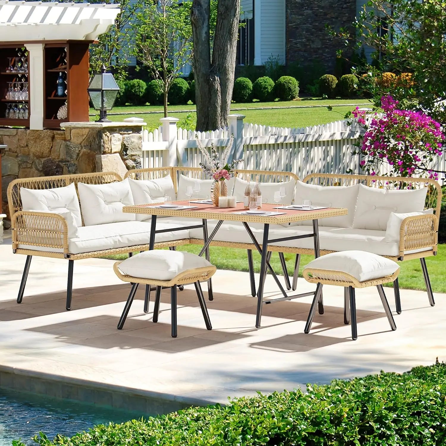 Rattan L-Shaped Patio Sofa Set, Soft Cushions, 2-Ottomans, Plastic Wood Dining Table