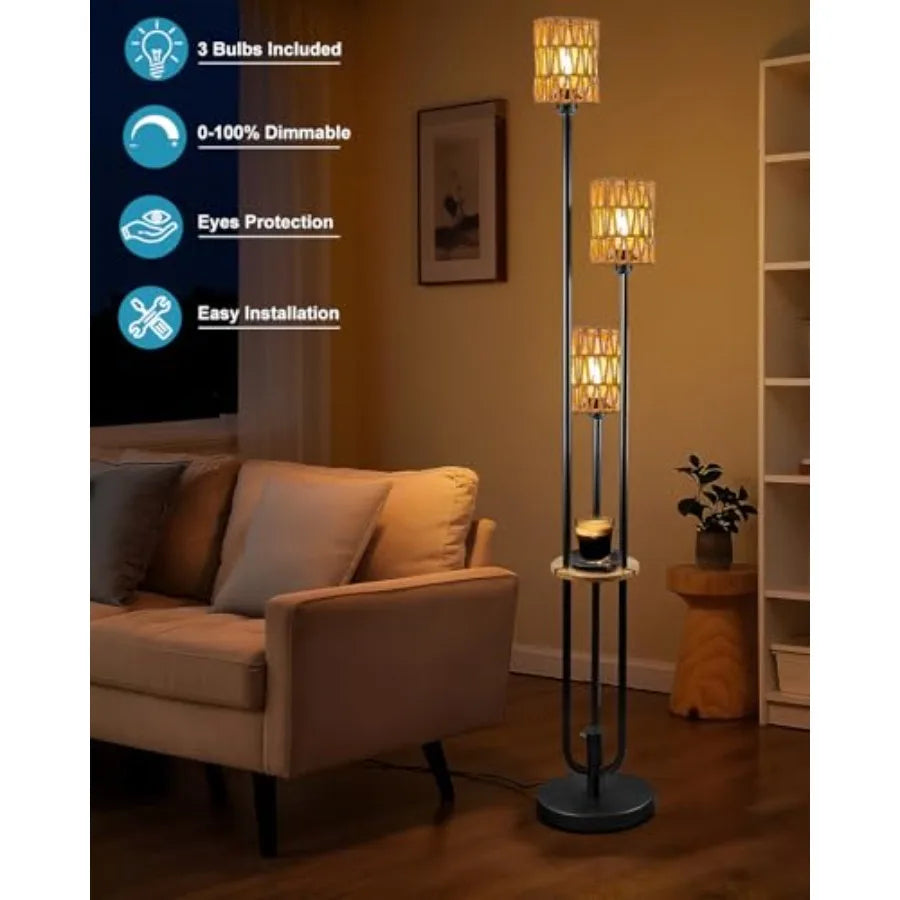 Dimmable Boho Floor Lamps, 3-Lights Rattan Floor Lamp w/Shelves, Black Stand
