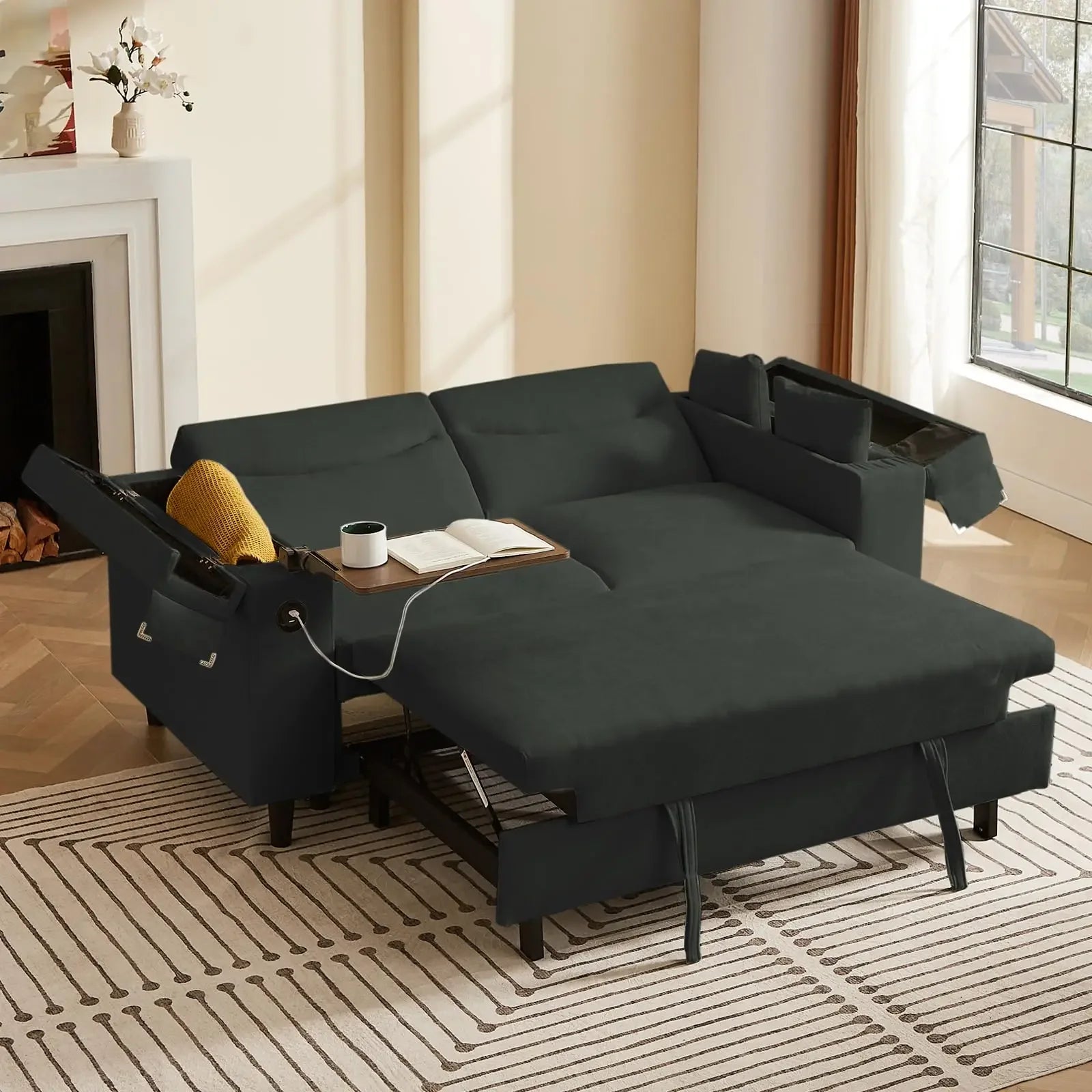 65'' 3-in-1 Folding, Pullout, Convertible Sofa Bed, 360° Swivel Side Table