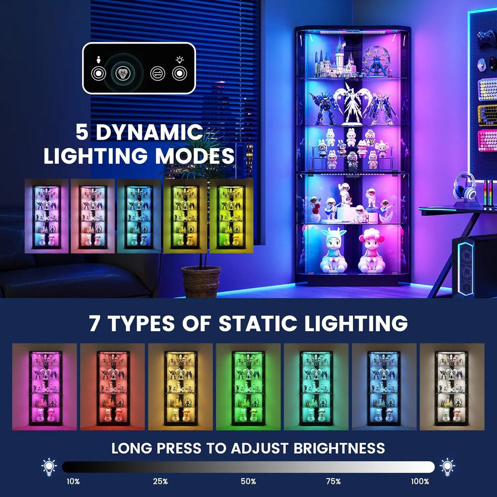 Corner Cabinet RGB Lights, 5-Tiers Cabinet Display with Lock, 69" Tall