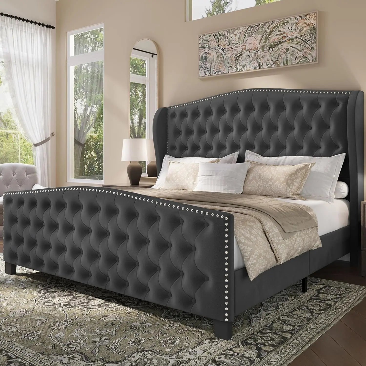 King Black Velvet Upholstered Platform Wingback Headboard Footboard Tufted Slats No Box Spring