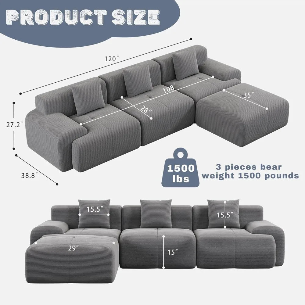 120" Boneless Cloud Modular Sectional Sofa, L-Shape Upholstered Cozy Corduroy