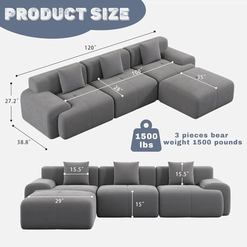120" Boneless Cloud Modular Sectional Sofa, L-Shape Upholstered Cozy Corduroy
