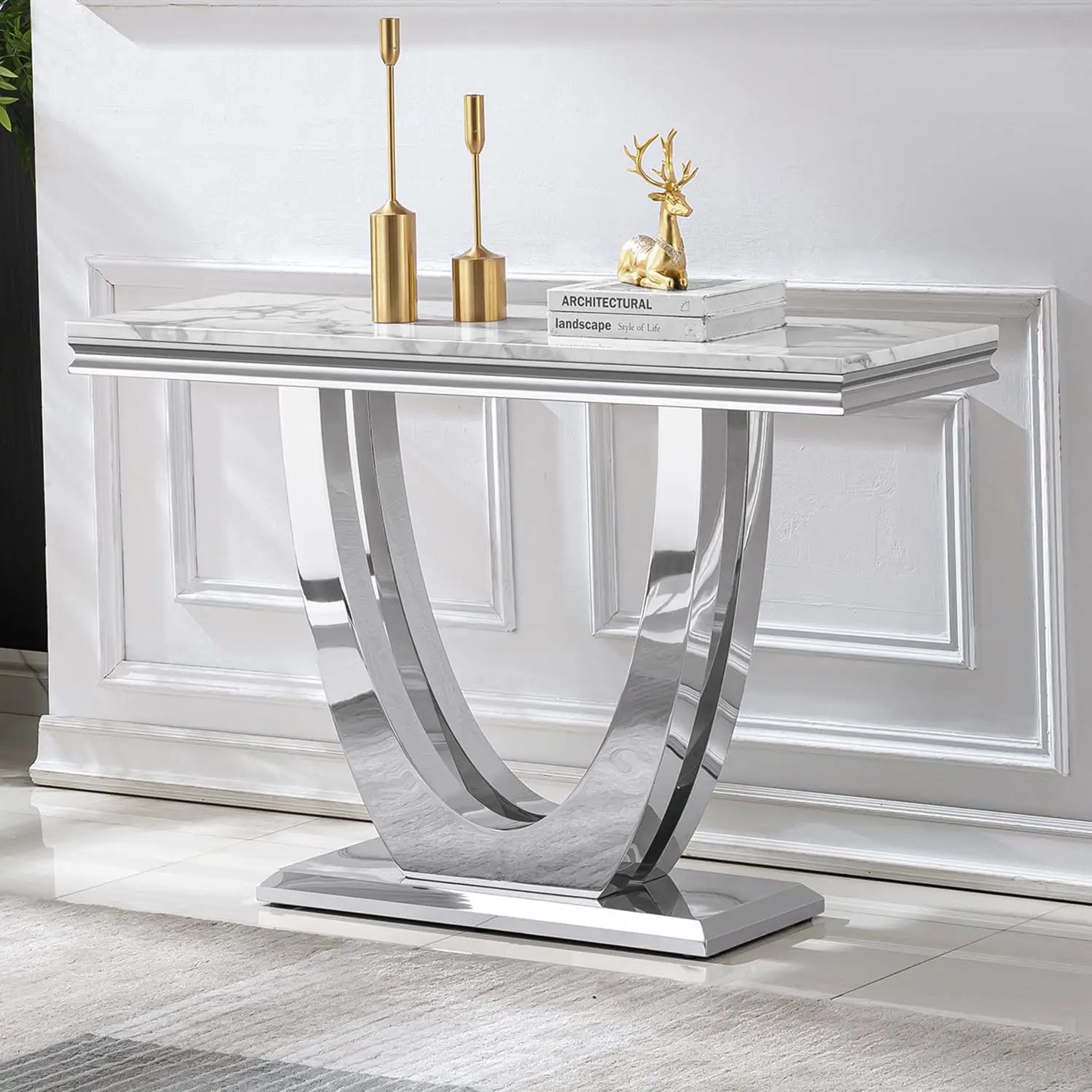 Luxury White Faux Marble End Table, Side Table U-Shape Gold Mirrored