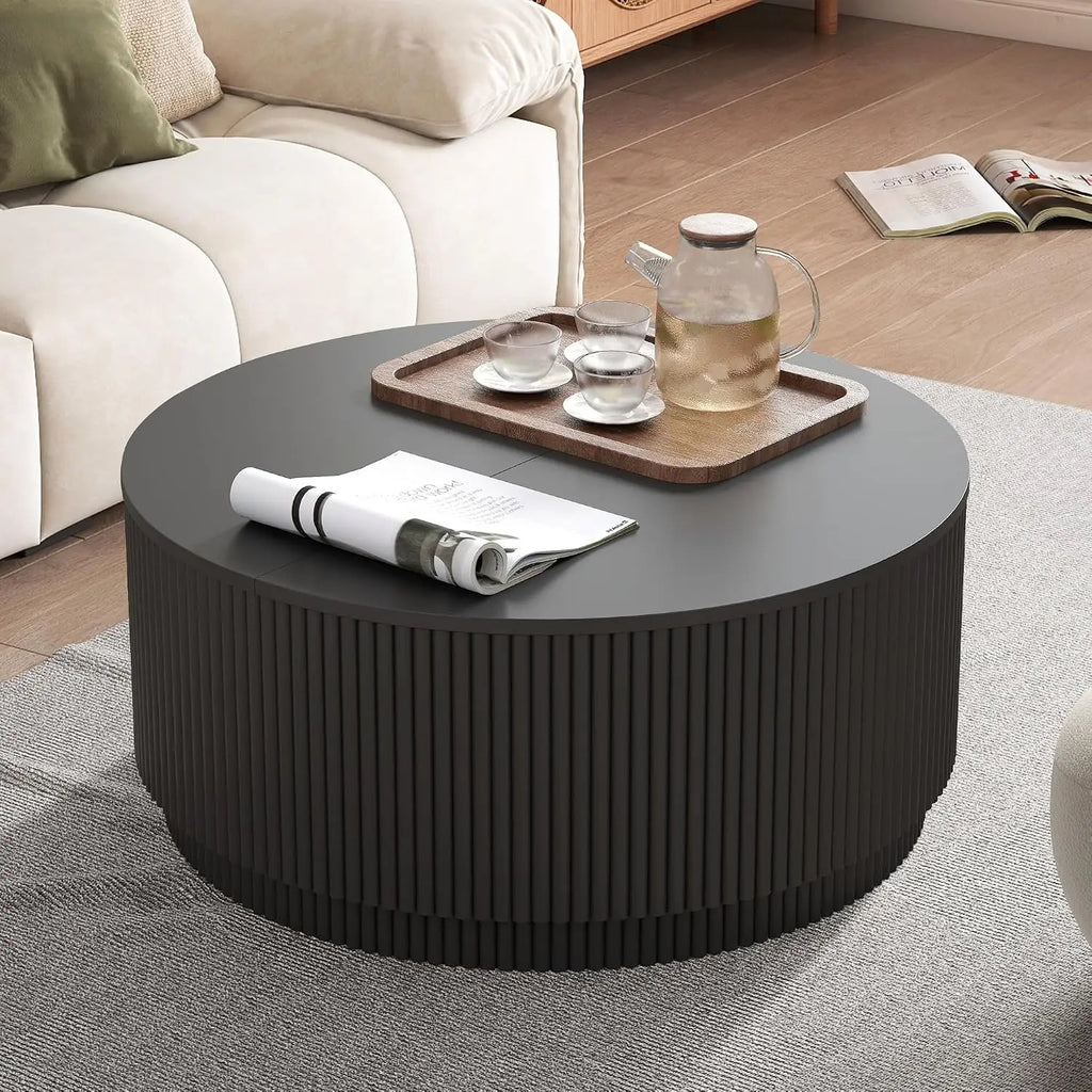 31.5" Modern Round Accent Coffee Table, Fluted Base, Wooden Center, Storage