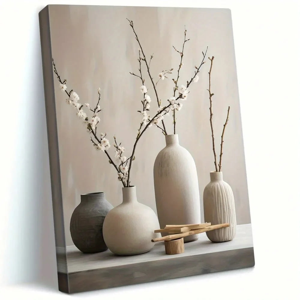 Botanical Ikebana Canvas Wall Art White Flower Vases