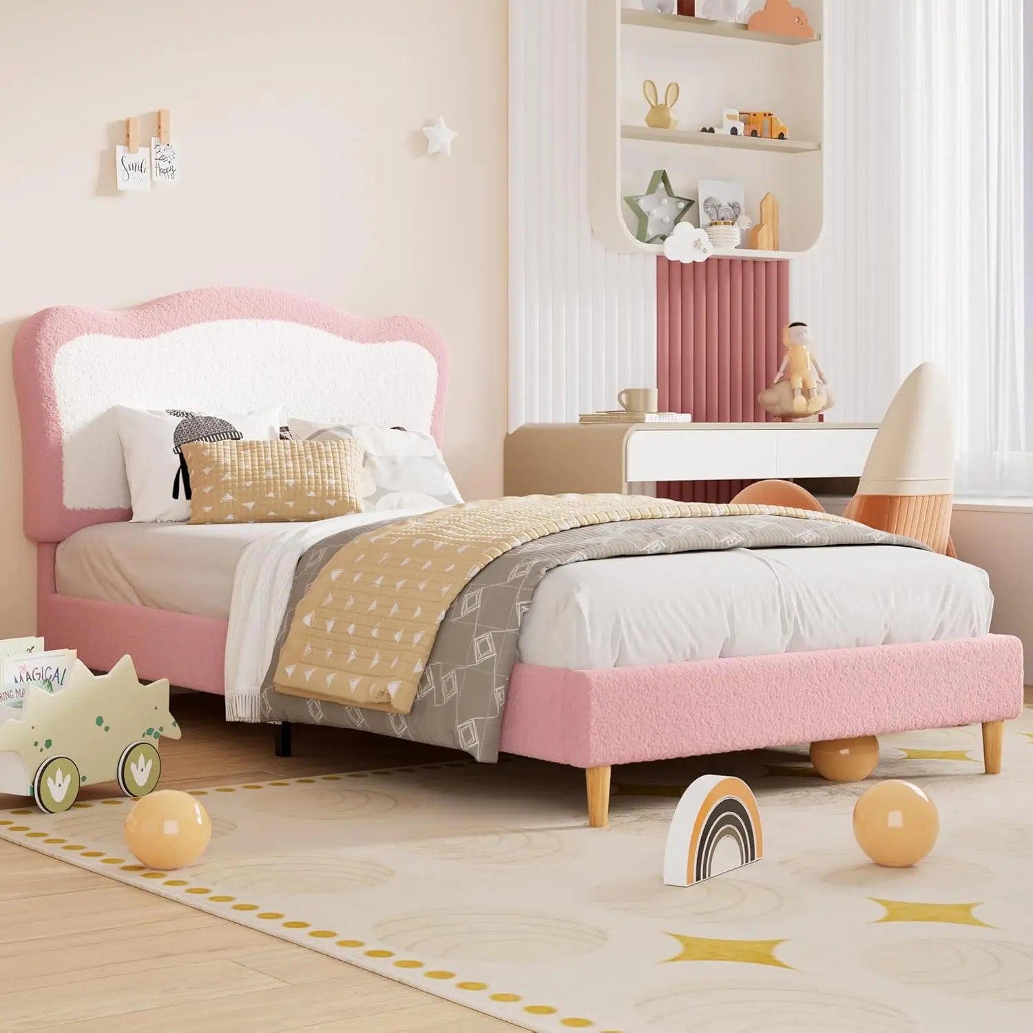 Twin Upholstered Bed, Scallop Headboard Velvet Platform Wooden Slats Noise Free