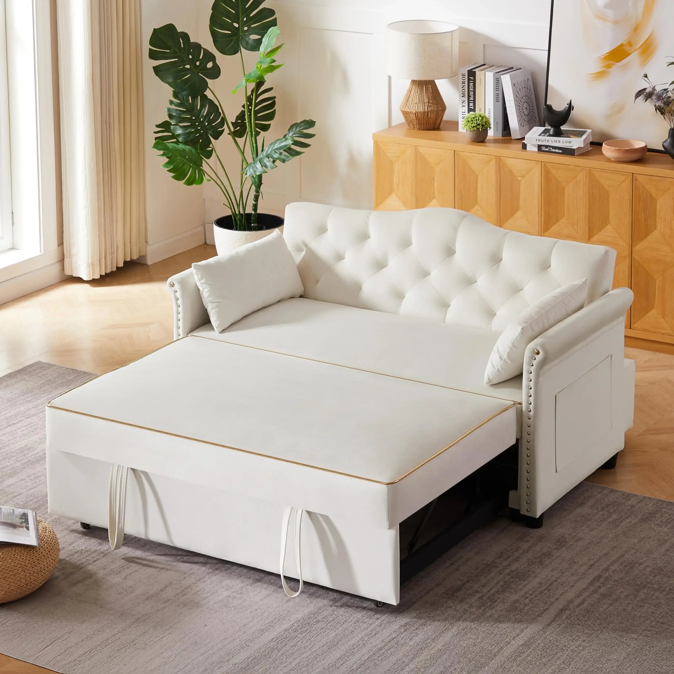 65'' 3-in-1 Folding, Pullout, Convertible Sofa Bed, 360° Swivel Side Table