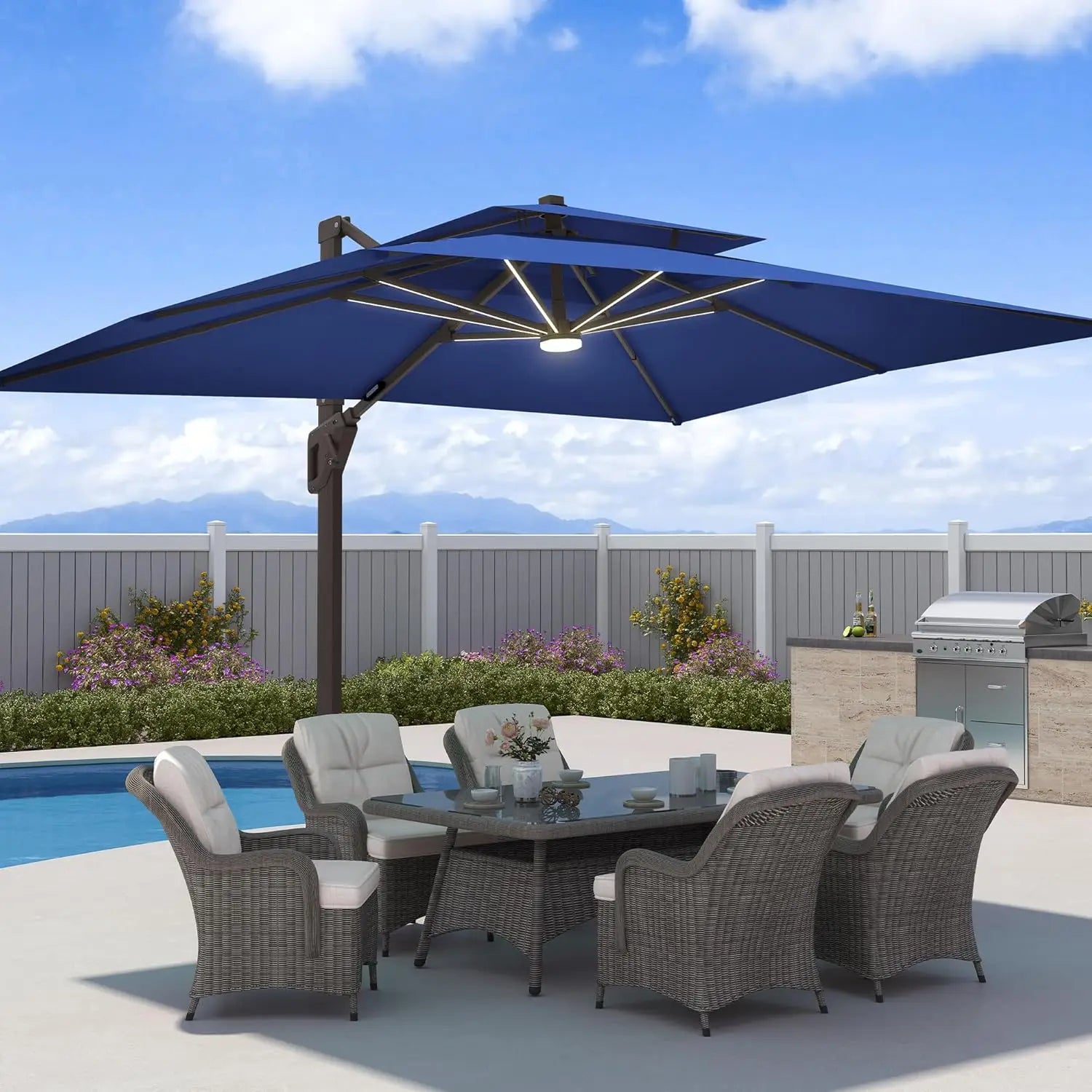 9x12FT Heavy-Duty Rectangle Aluminum Offset Cantilever Umbrella, LED Lights