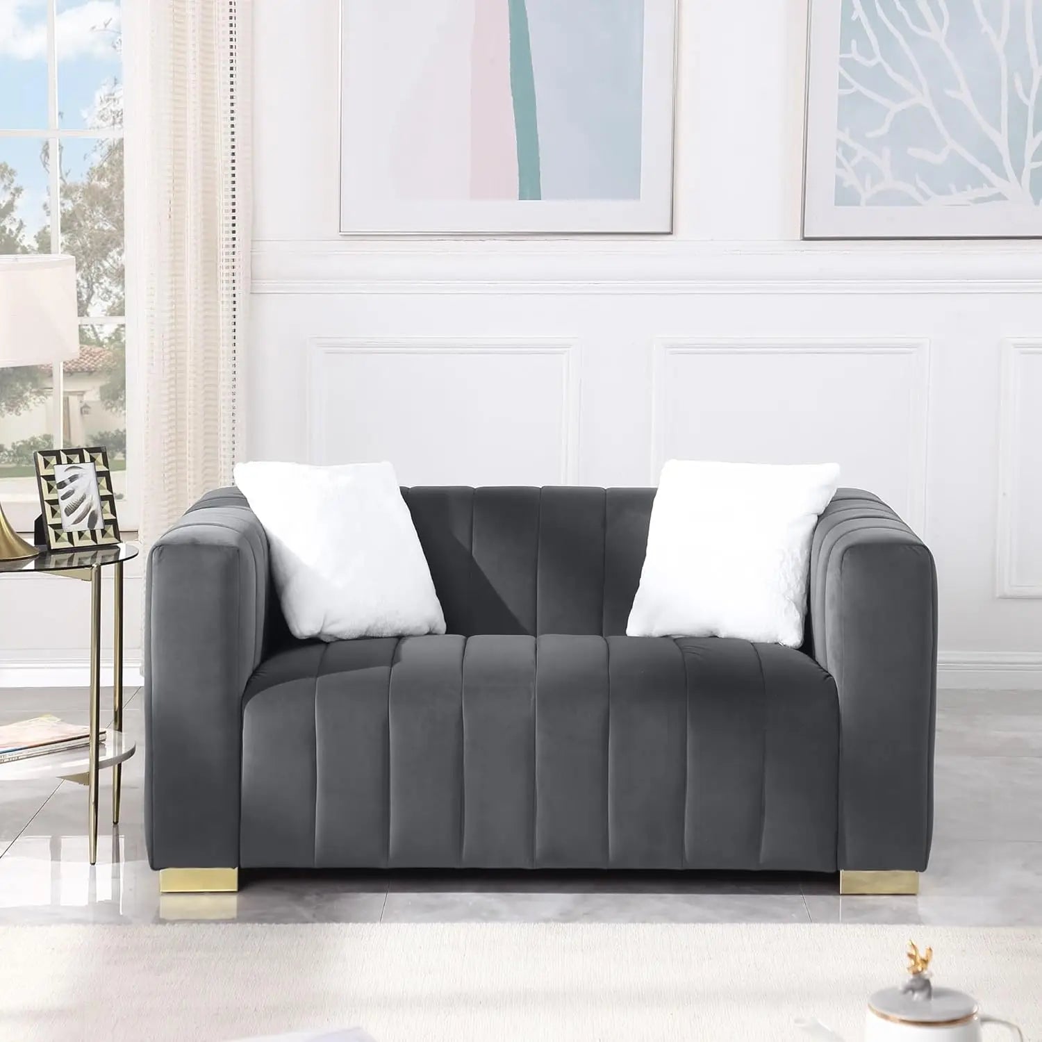 63'' Velvet 2-Seater Loveseat Metal Base Legs 2 Pillows