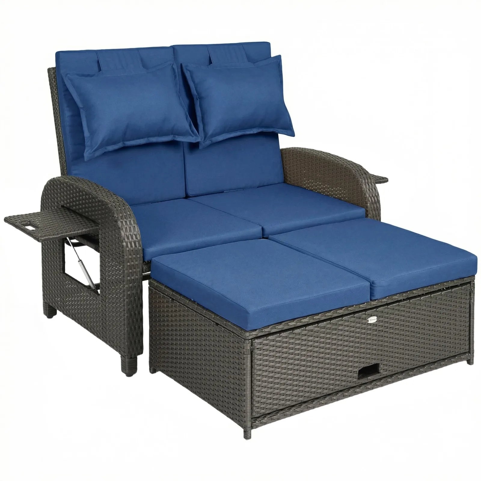 Outdoor Patio Rattan Daybed w/Storage Ottoman, Navy Blue