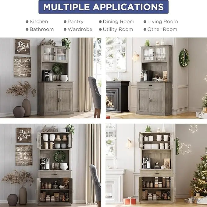 Pantry 71" Tall Buffet Glass Doors Hutch Storage Cabinet, Freestanding