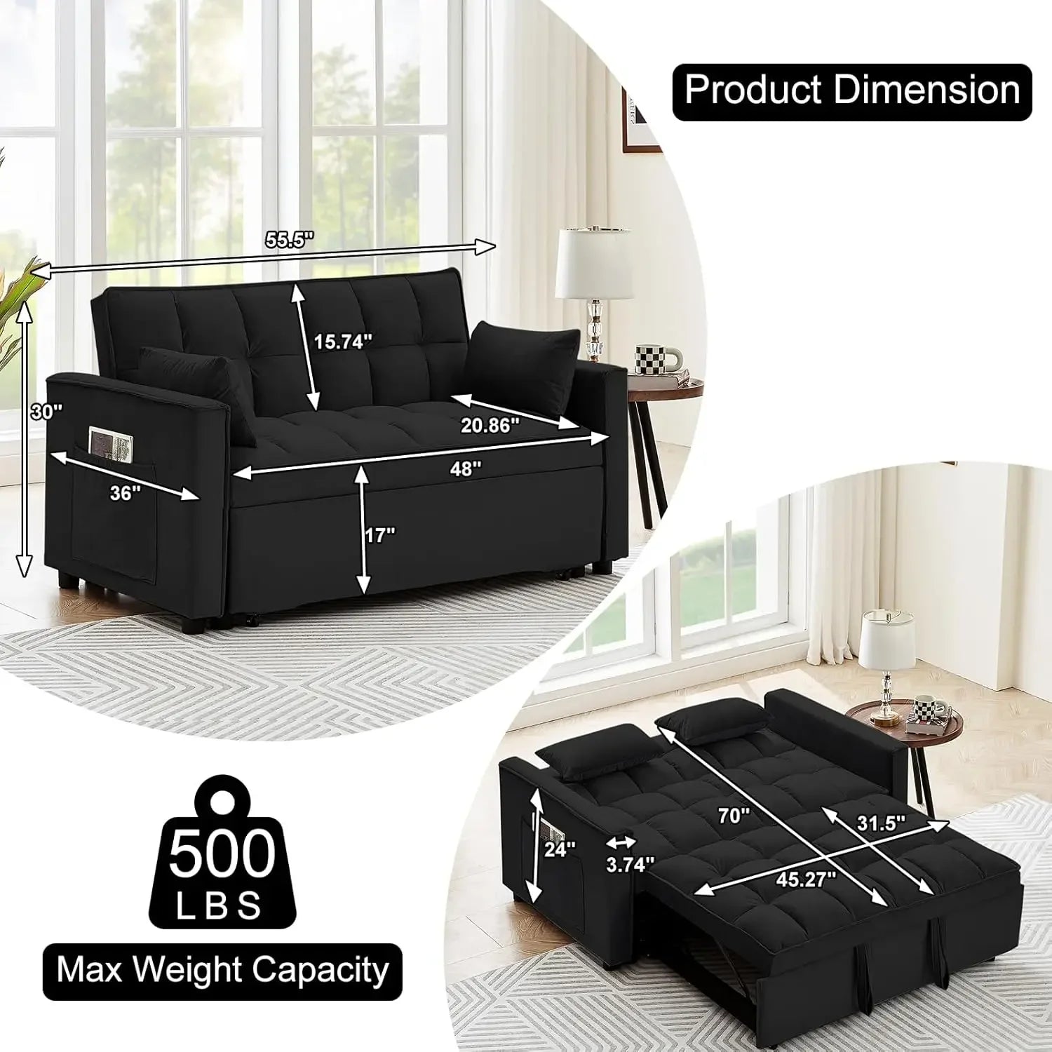 55" 3-in-1 Loveseat Sleeper Sofa Adjustable Reclining Pull Out