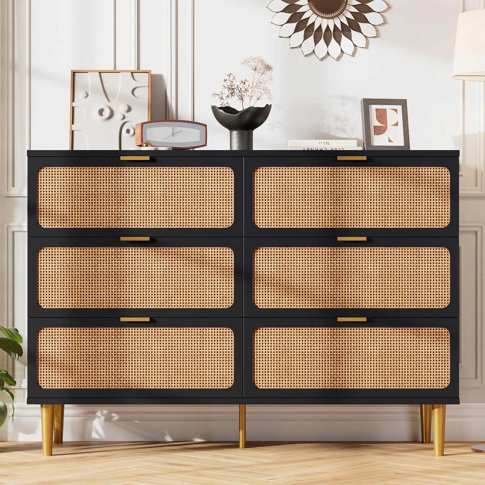 6-Drawer Hand Woven Rattan/Wood Dresser, Natural Deep Drawers