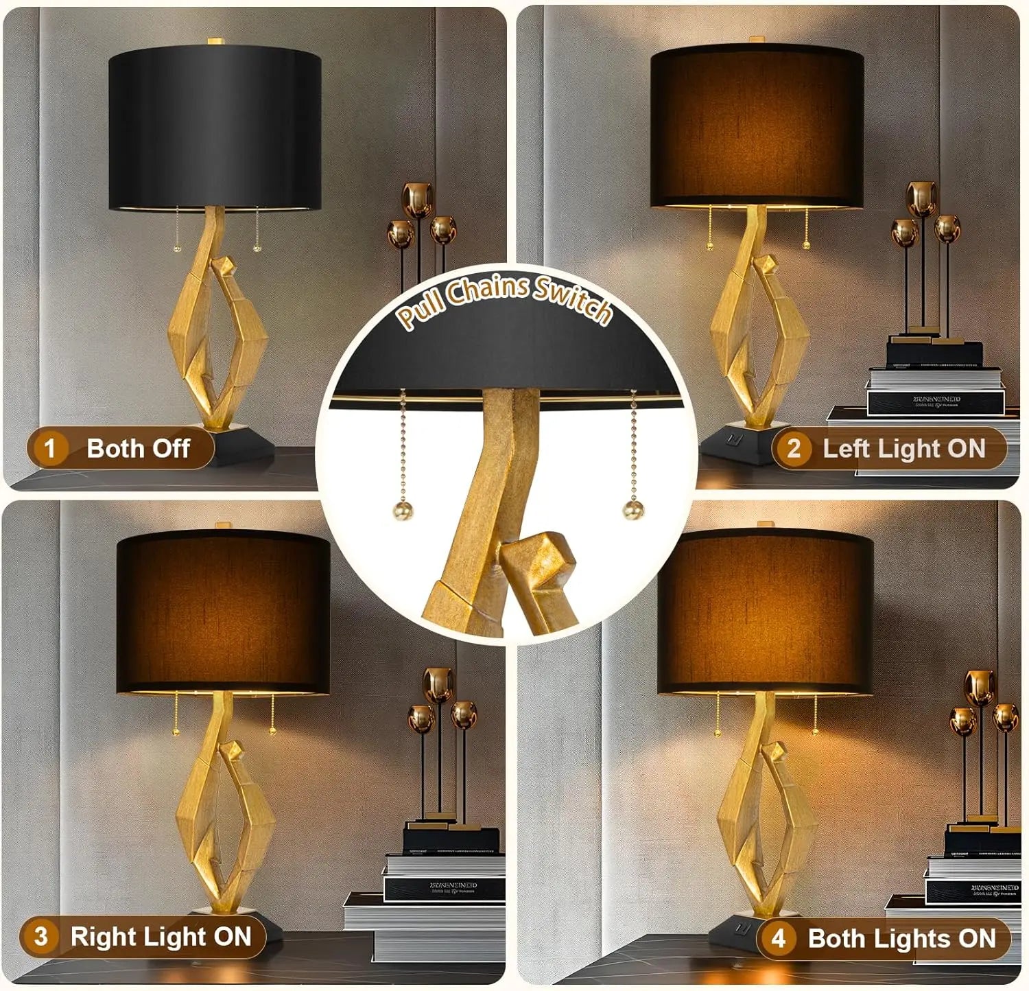 Table Lamp Set of 2 USB Ports Gold Leaf Finish