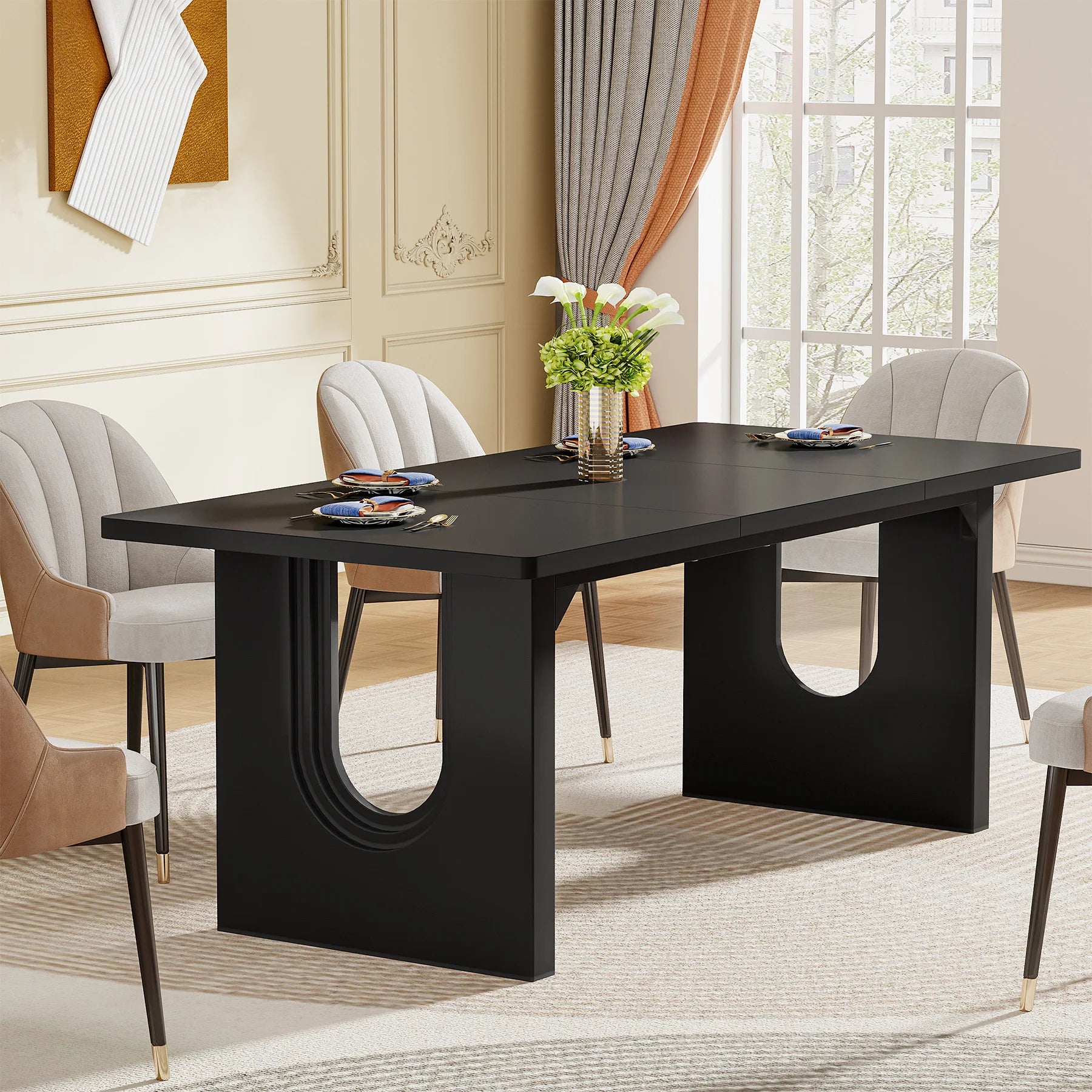 71" Dining Table for 6-8 People with Wood Pedestal Base