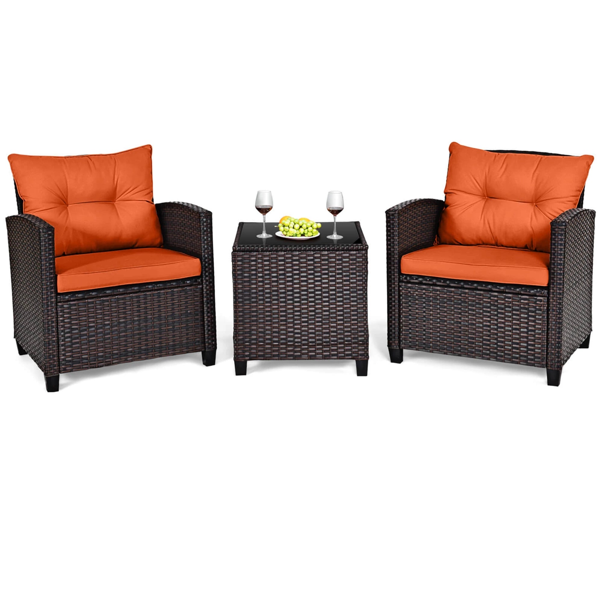 3-PC Patio Rattan Furniture Set Cushioned Conversation Set Sofa