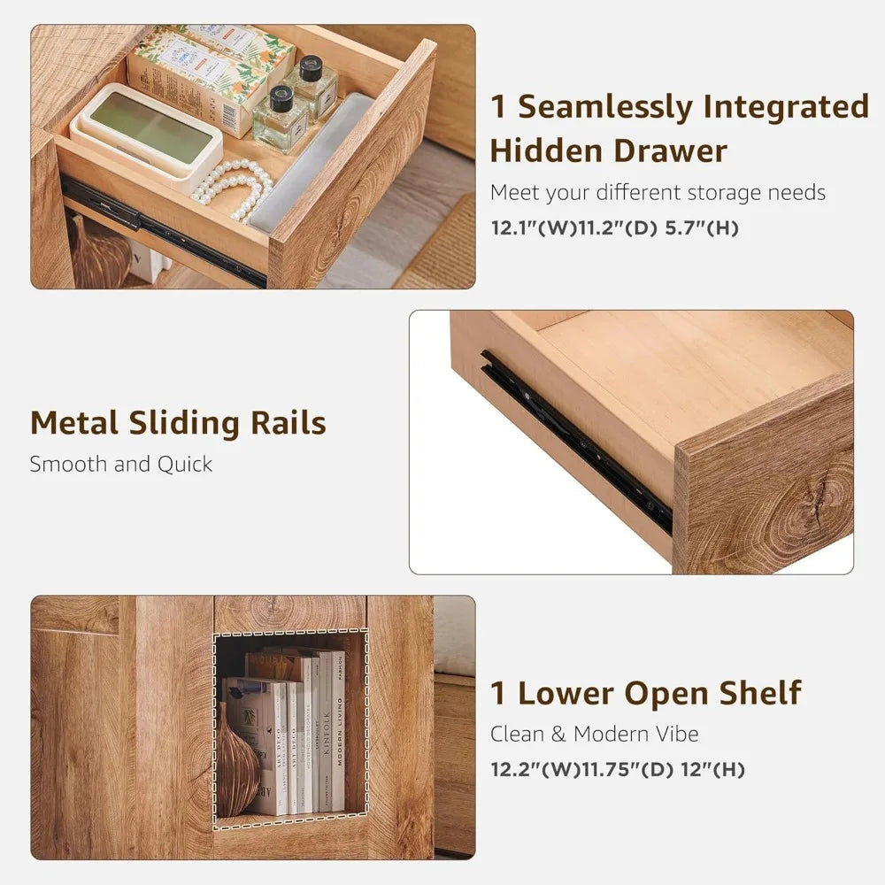 24" Nightstand Charging Station, Hidden Drawers & Open Storage Shelf