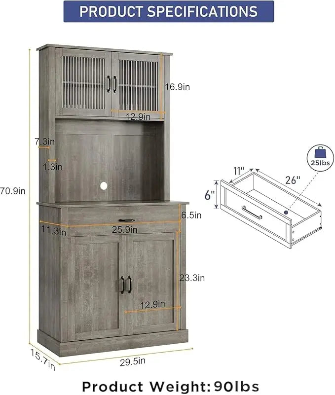 Pantry 71" Tall Buffet Glass Doors Hutch Storage Cabinet, Freestanding