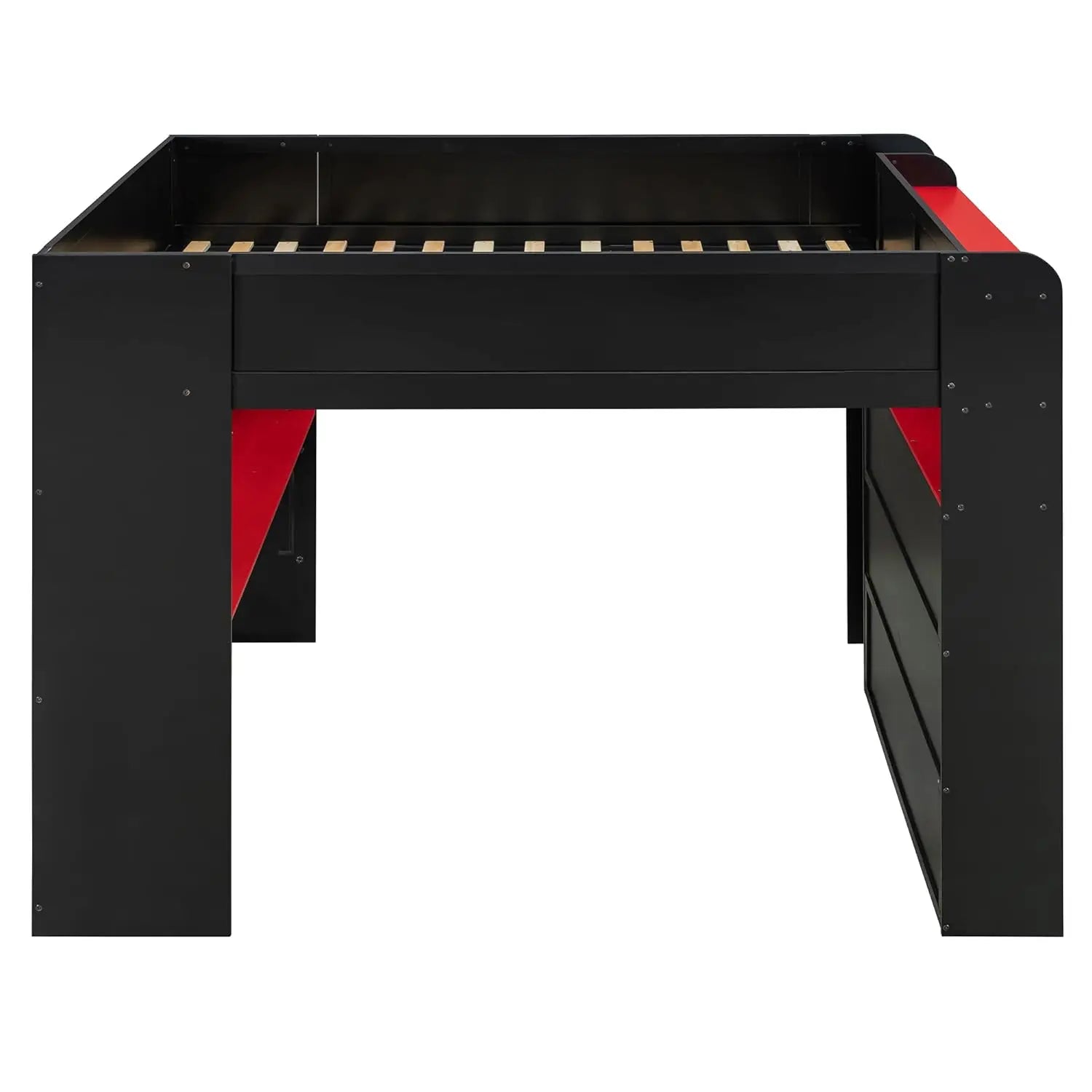 Full Size Wood Bunk Bed, Height-Adjustable Desk, Ample Wardrobe/Storage, RGB Light, Red