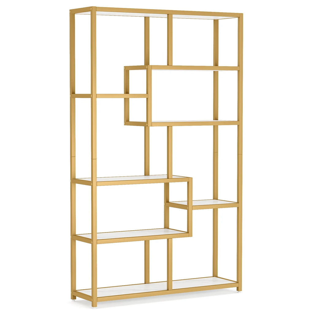 8-Open Gold Shelf Etagere Bookcase with Faux Marble