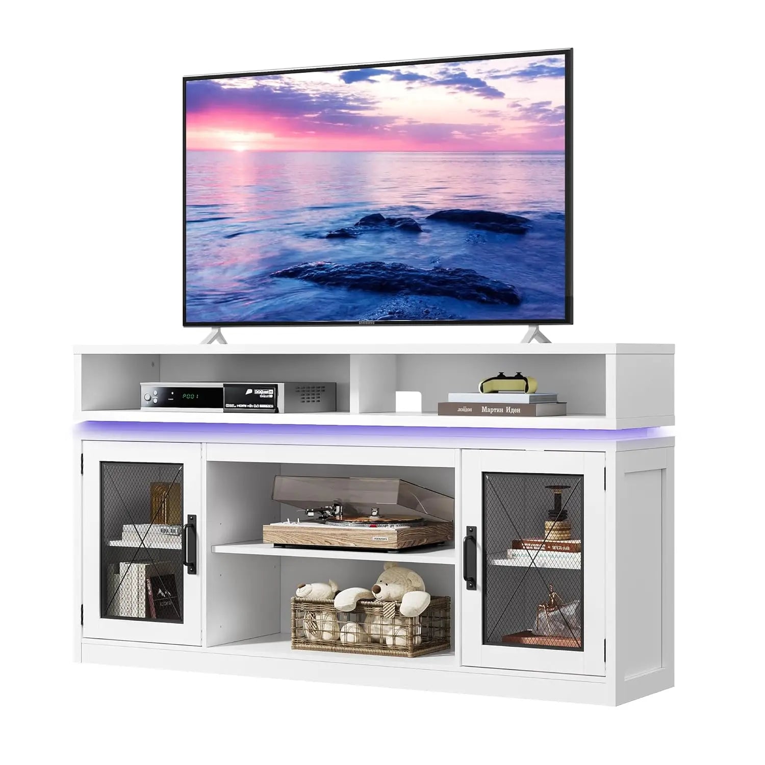 Farmhouse Entertainment Center for TV's Up to 65in, Cabinets, LED Lights