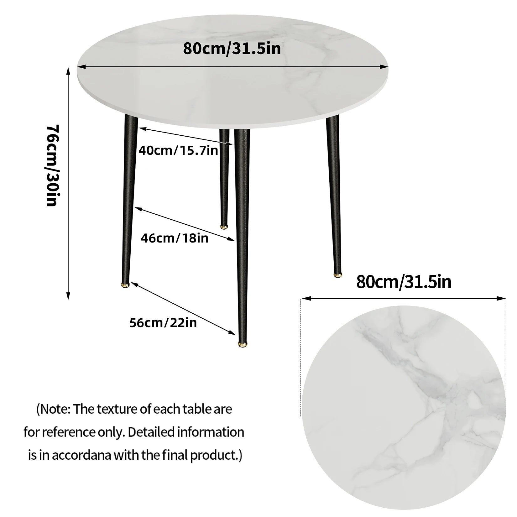 Round Dining Table Marble Top 80cm Diameter for 4 Seat