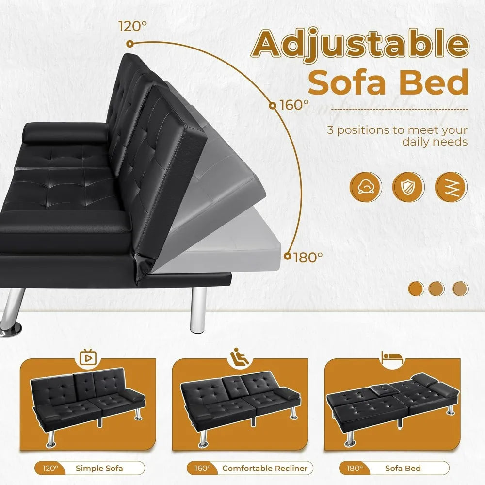 Futon Sofa Faux Leather Couch, Bed Recliner 2 Cup Holders