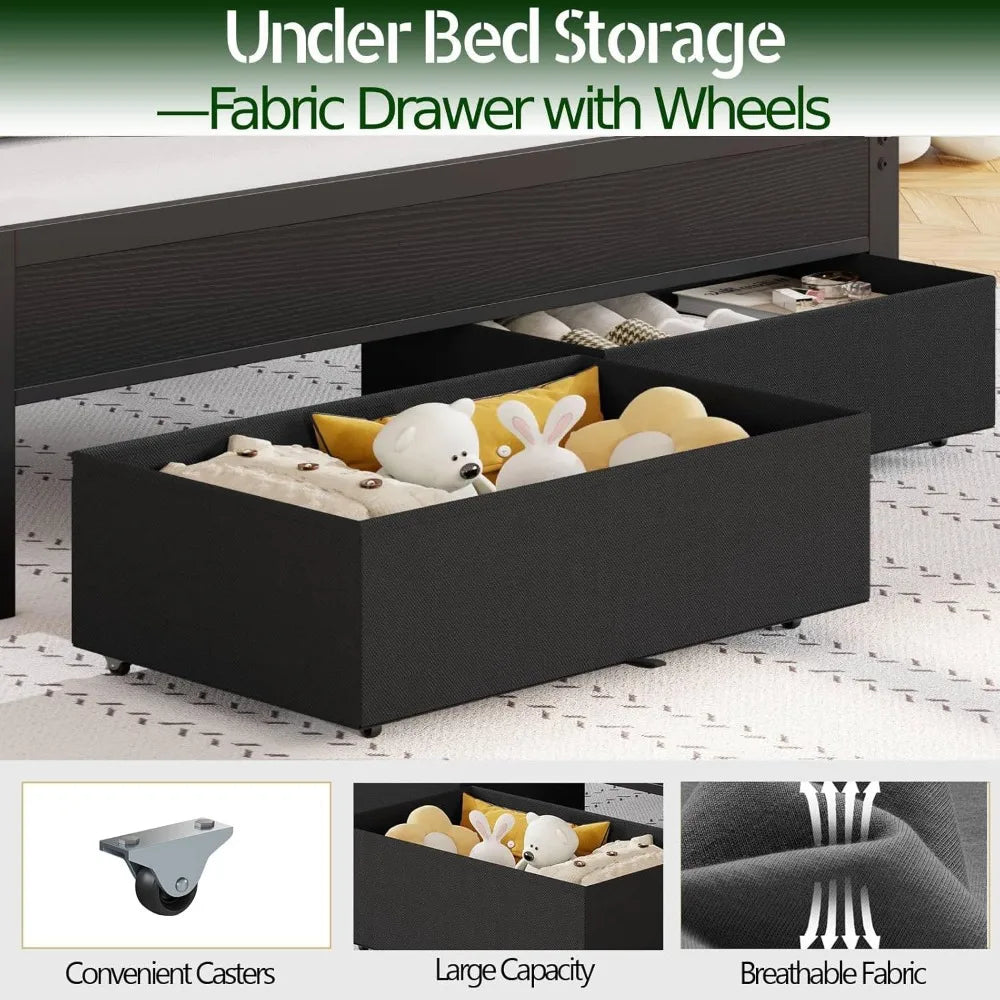 Bed Frame, Charging Station LED Lights, Grey Upholstered Headboard, Shelves,