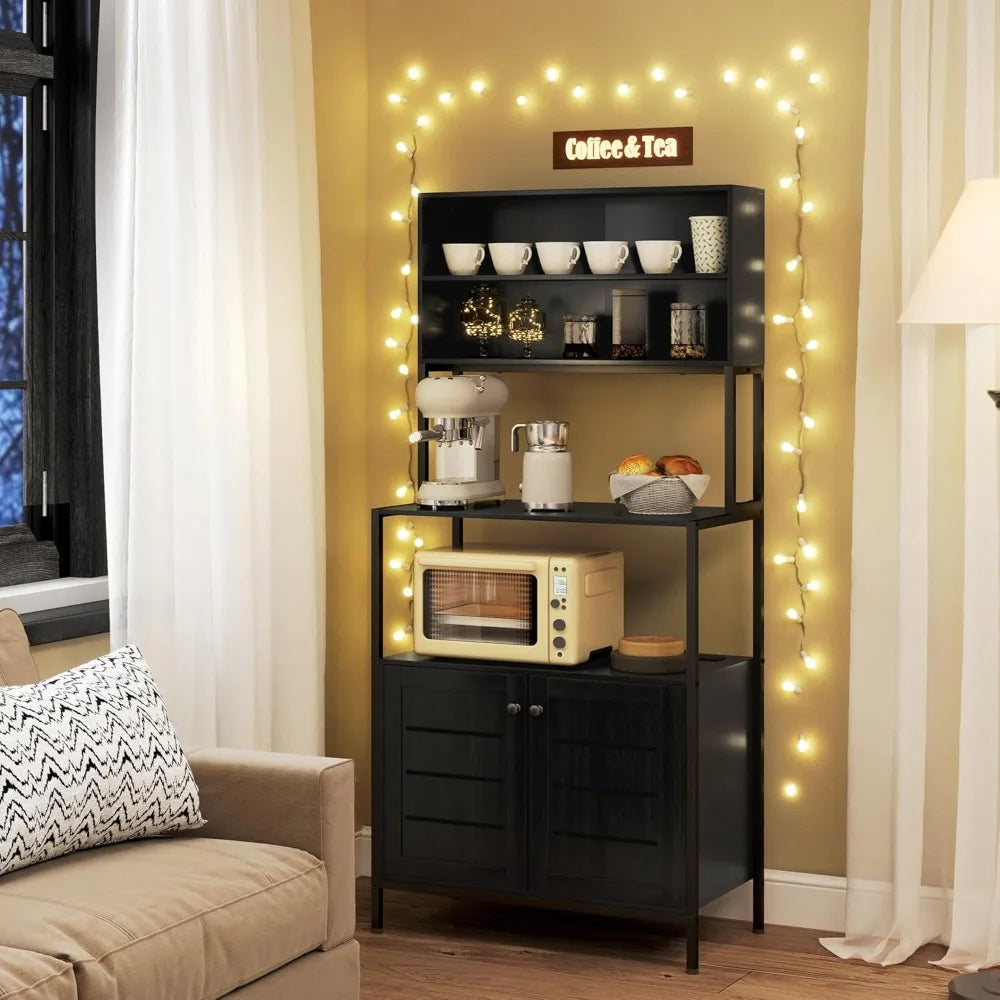 Baker's Rack w/Power Outlet, Cabinet with Storage Shelves, Louvred Door